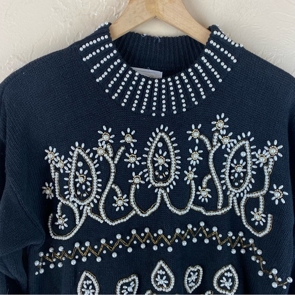 Vintage 80s oversized Margules Black pearl bead embellished tunic sweater large - Picture 2 of 12